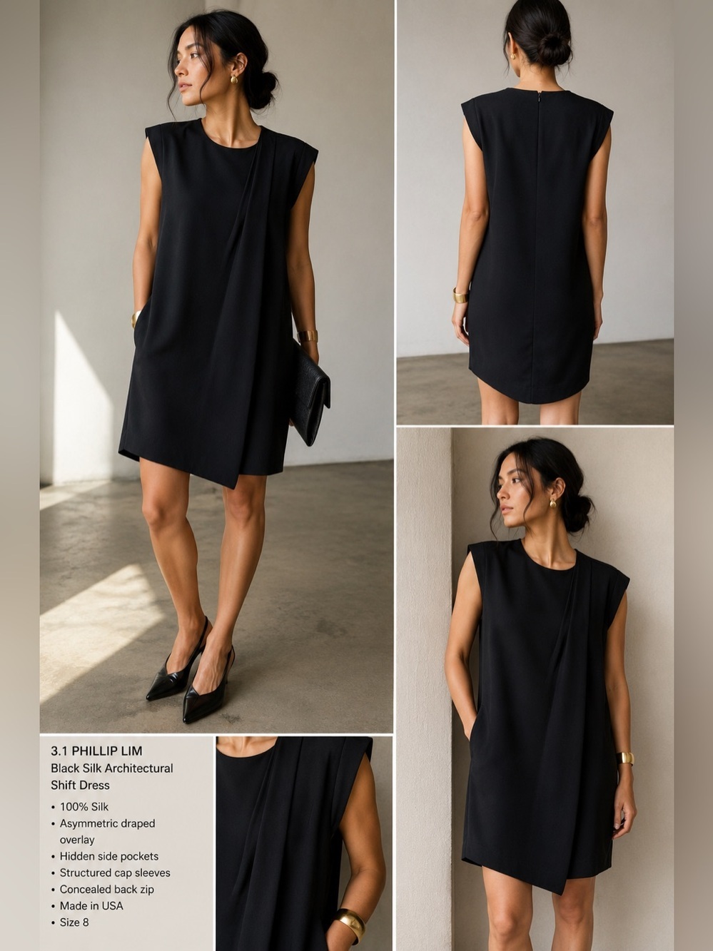 3.1 Phillip Lim Black Silk Architectural Shift Dress w/ Pockets Size 8”